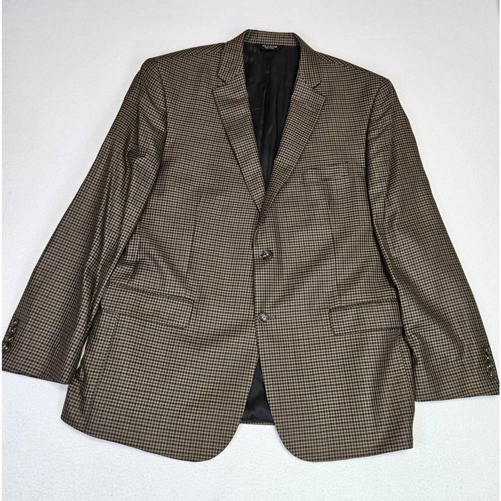Jos A Bank Blazer Mens 48L Tailored Fit Signature Wool Silk Check Brown Black